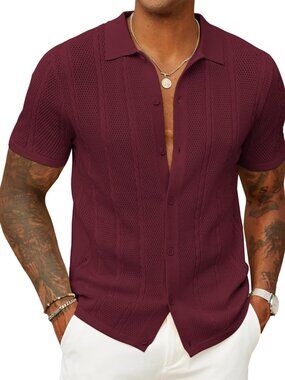 Men’s Wine Red Knit Button-Down Polo Summer Beach Casual Top Shirt